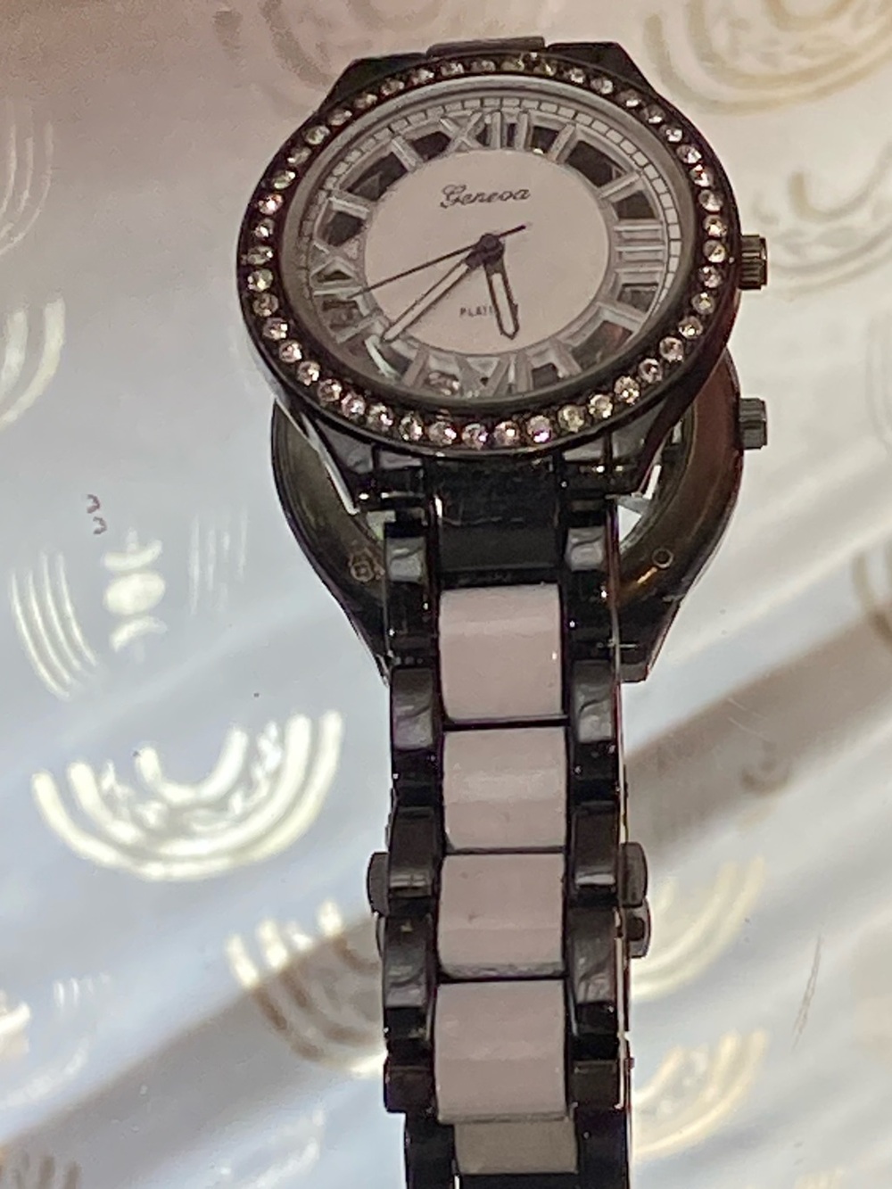 Geneva Black and White Link Bracelet Watch with Crystal Bezel